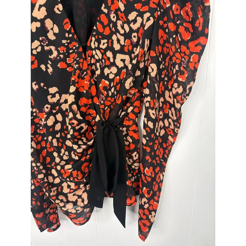 ASTR The Label Lissa Leopard Wrap Top XS Puff Sleeve Orange Black Tie Side